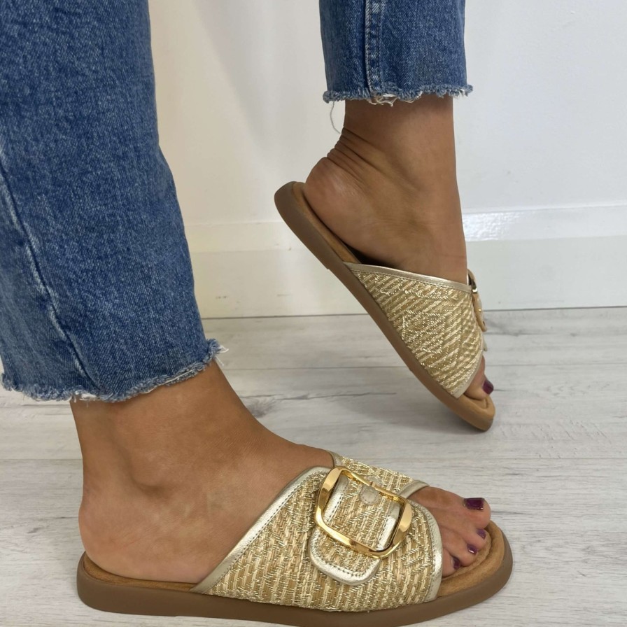 Unisa Unisa Cray Gold Buckle Square Toe Flat Sandals New