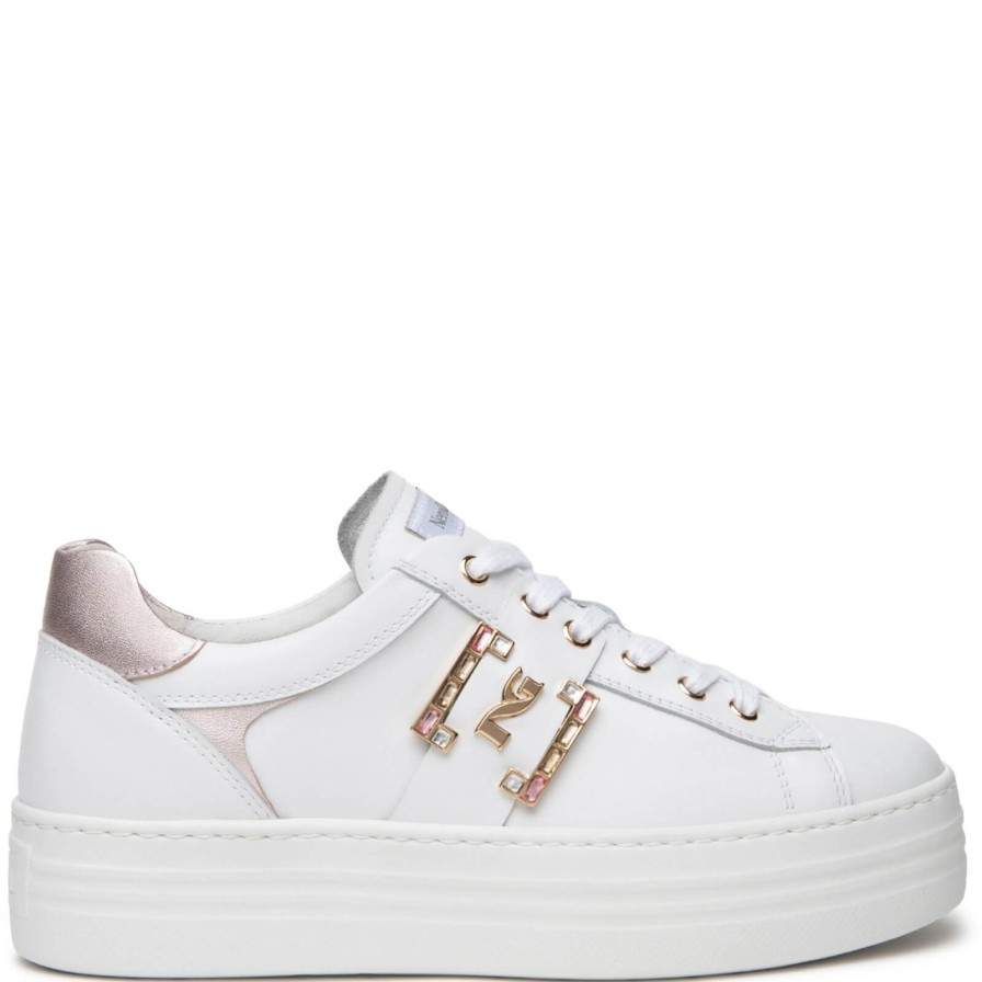 Nero Giardini Nerogiardini White Leather Pink Sparkly Logo Sneakers Online