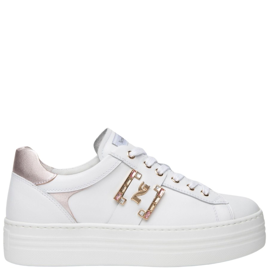 Nero Giardini Nerogiardini White Leather Pink Sparkly Logo Sneakers Online