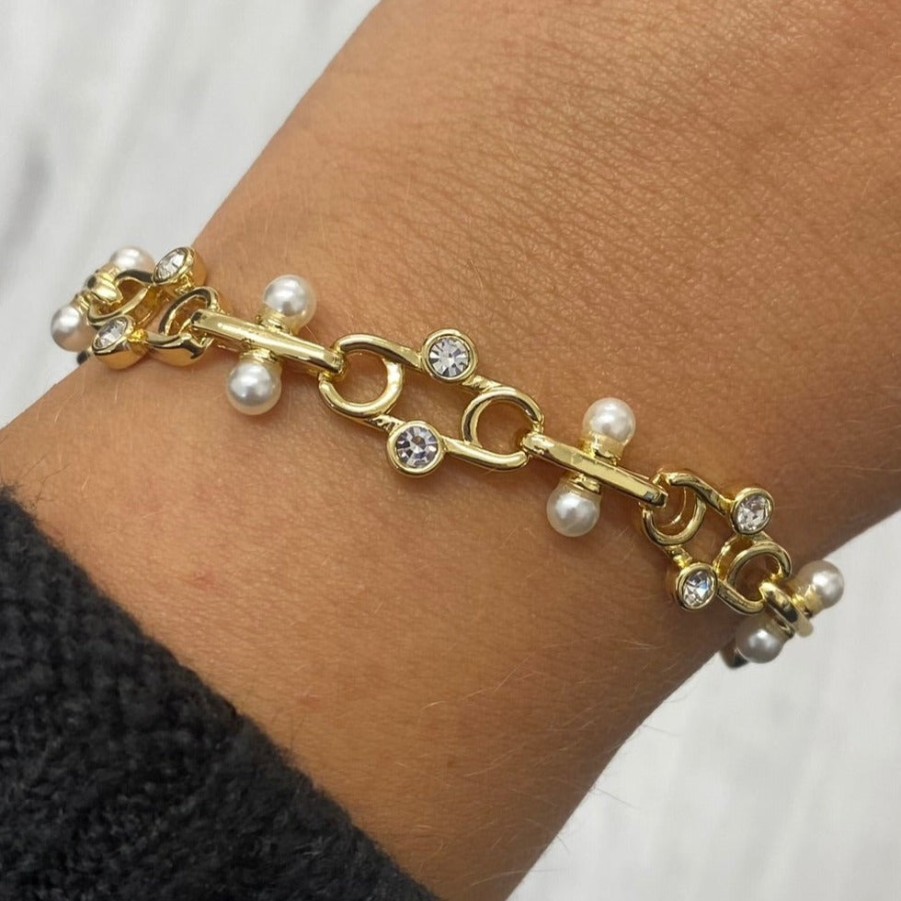 Absolute Absolute Gold Crystal And Pearl Link Bracelet Clearance