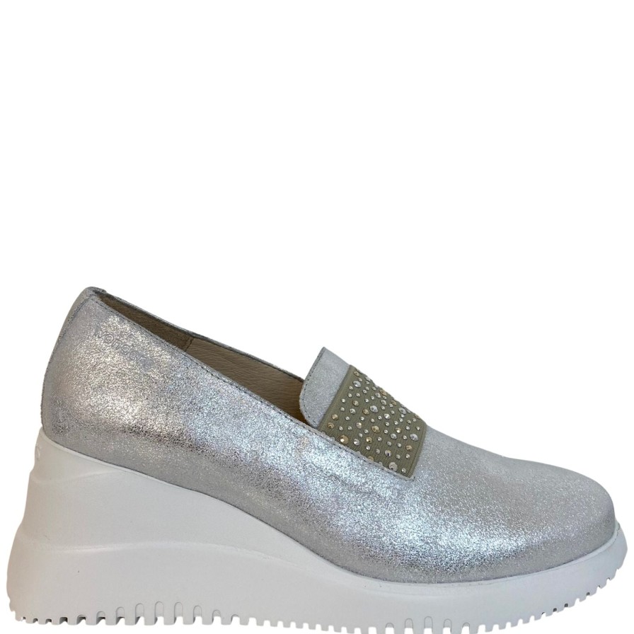 Wonders Wonders Silver Leather Slip On Wedge Shoes New