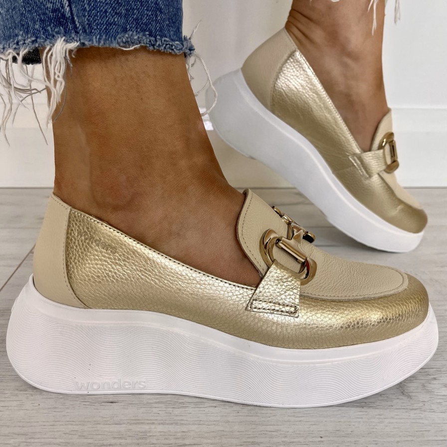 Wonders Wonders Gold & Cream Leather Slip On Classic Shoes Clearance